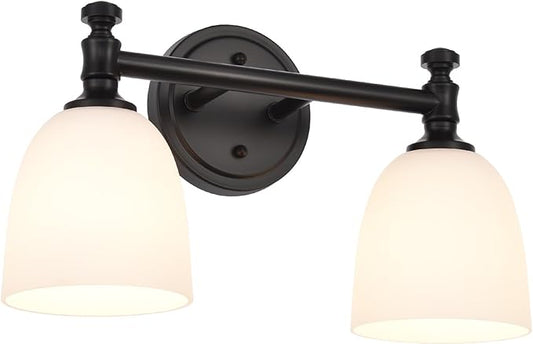 Black Bathroom Vanity Light, 2-Light Bathroom Light Fixtures Over Mirror, Traditional Vanity Lights for Living Room, Milk White Bell Glass Shades, Standard E26 Base, Matte Black