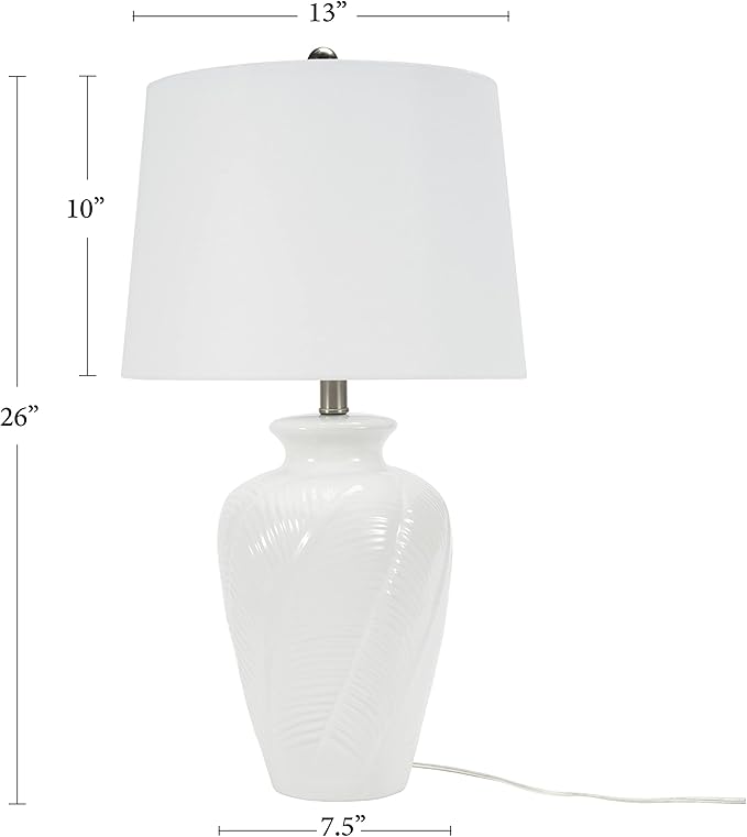 Nourison Home 26" White Glossy Feather Engraved Coastal Farmhouse Table Lamp for Bedroom, Living Room, Dining Entryway