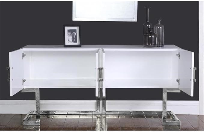 Meridian Furniture Beth Collection Modern | Contemporary Sideboard Buffet, Rich Chrome Stainless Steel Base, White Laquer Finish, 64" W x 18" D x 31" H, Cabinet