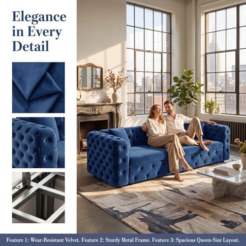 89" 4-Seater Queen Size Pull Out Sofa Bed with 3 Pillows, Blue