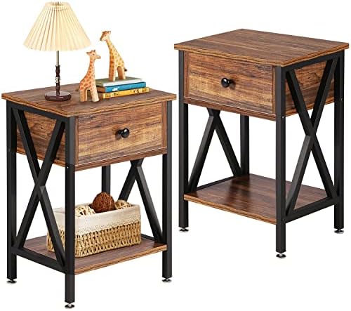 VECELO Modern Nightstands X-Design Side End Table Night Stand Storage Shelf with Bin Drawer for Living Room,Bedroom,Lounge,Set of 2, Rustic Brown A2