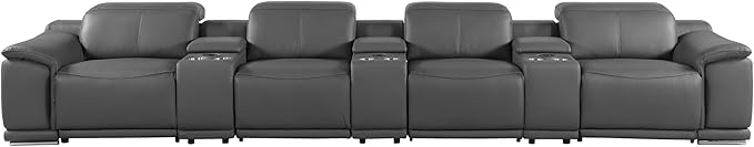 BlackJack Furniture Venice Top Grain Italian Leather Power Recline 7 Piece 4 Seater Sofa - 175" Theater Seating Modern Couch for Living Room Lounge with Adjustable Headrests & USB Port, Dark Grey