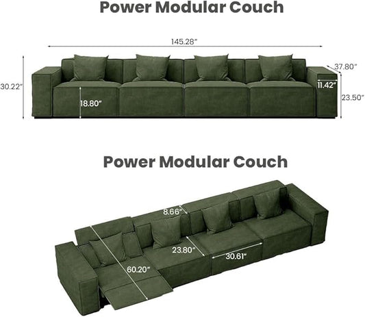 145" Power Sofa, Modern Recliner Sofa for Living Room, Performance Fabric Seats with Pillows, Mid Century Modern Couch, Pet Friendly, Free Combination for Home, Green
