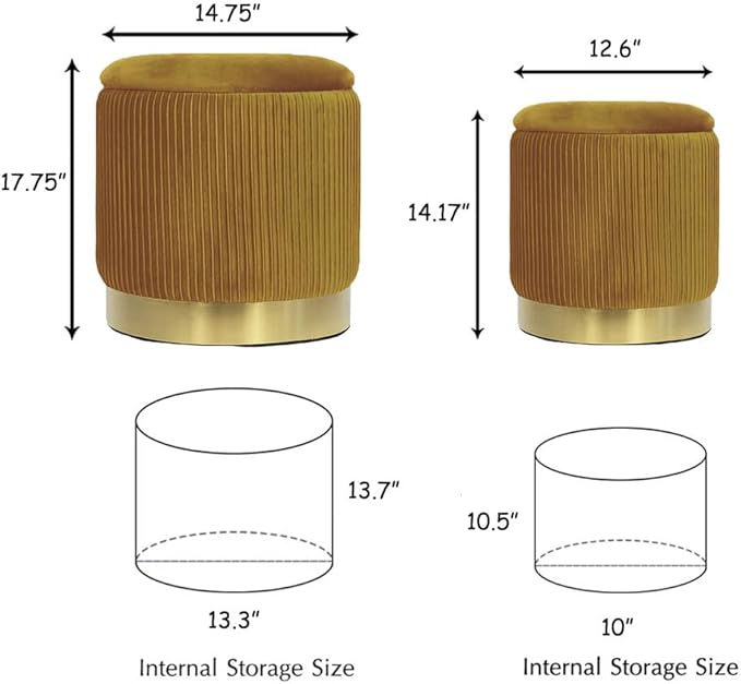 Round Set of 2 Velvet Ottoman with Storage,Round Yellow Storage Ottoman for Living Room or Dorm, Vanity Stool Chair for Bedroom