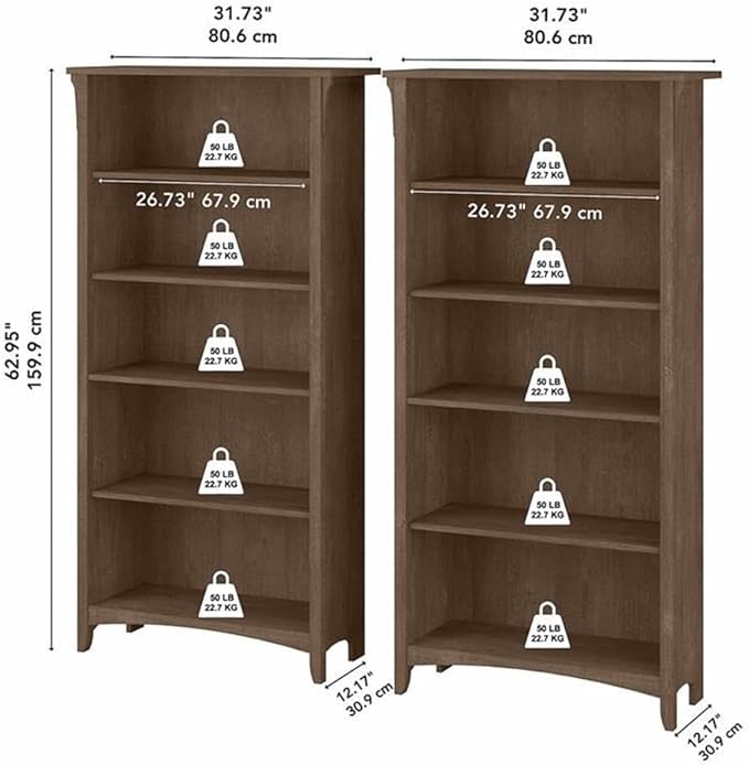 Bush Home Salinas Tall 5 Shelf Bookcase - Set of 2 in Ash Brown, Vertical Office Storage, Bookshelves for Home Workspace, Multi-Purpose Shelving Units