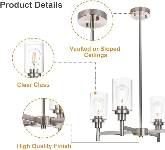 VINLUZ 4 Light Modern Chandelier Brushed Nickel Pendant Lighting Clear Glass Shades Contemporary Ceiling Light Fixtures for Dining Room Kitchen Living Room