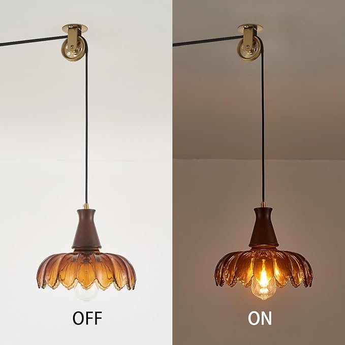 YLONG-ZS Vintage Hanging Lamp Plug in Hanging Light,Modern Flower Glass Pendant Light Plug in Walnut Wood Holder,Hanging Lamps with Pulley for Kitchen Island, Bedroom, Dining Room, Living Room，Corner