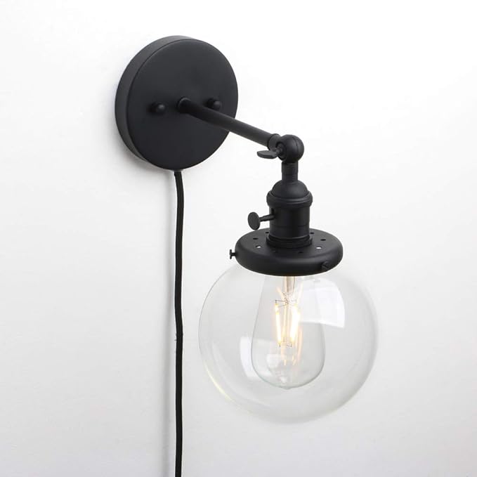 PERMO Plug in Wall Sconce with 5.9" Round Globe Clear Glass Shade and On/Off Switch Industrial Wall lamp Light Fixture 1-Light (Black)