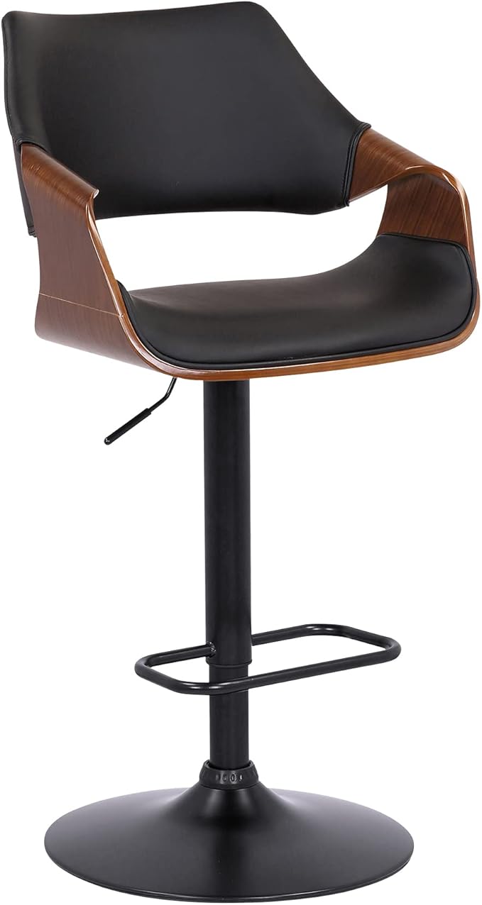 Armen Living Aspen Modern Adjustable Height Swivel Black Faux Leather and Walnut Wood Bar Stool with Black Base for Kitchen Island Counter