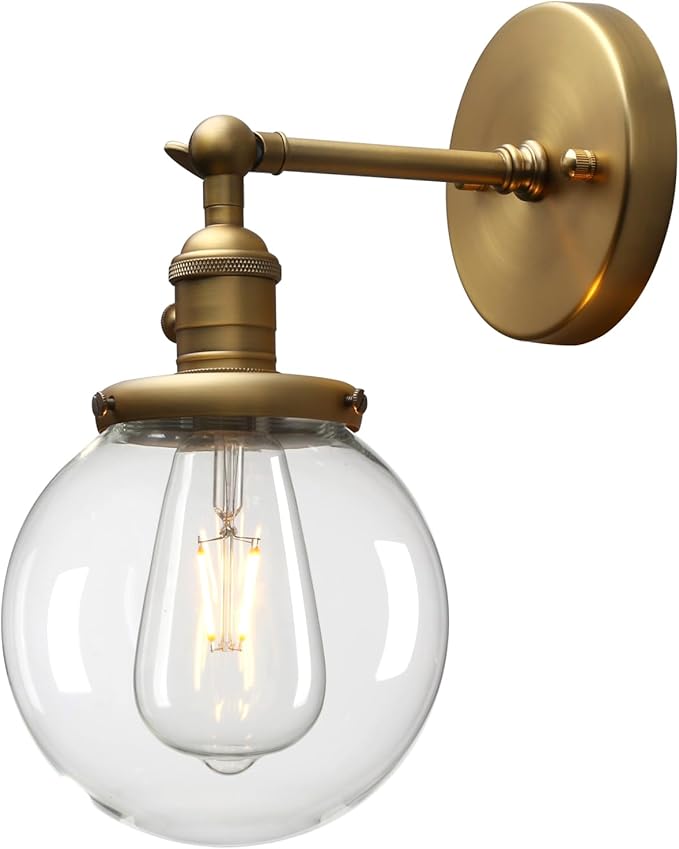 PERMO Vintage Wall Sconce Industrial Lighting Fixture with 5.9" Round Clear Glass Globe Hand Blown Shade (Antique)