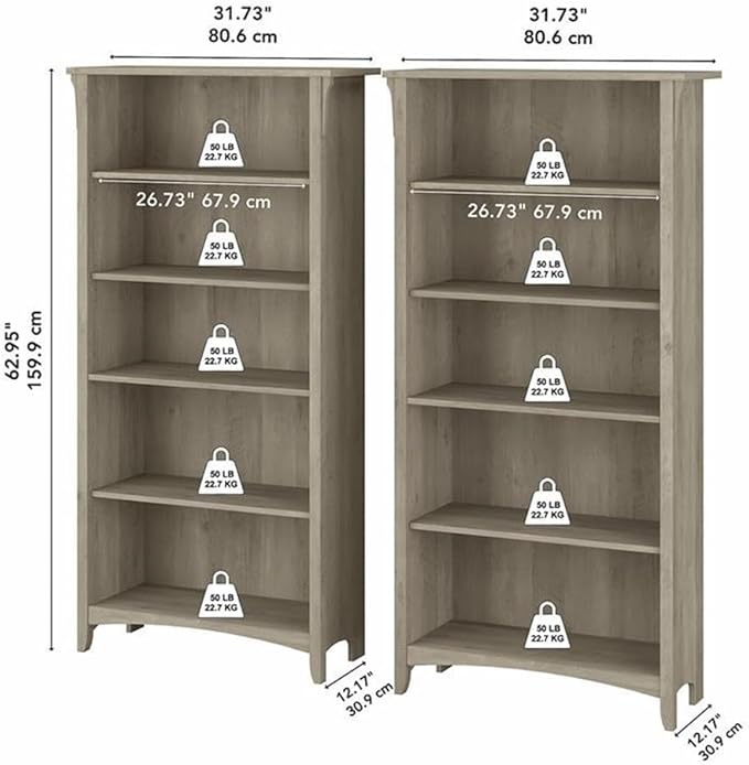 Bush Home Salinas Tall 5 Shelf Bookcase - Set of 2 in Driftwood Gray, Vertical Office Storage, Bookshelves for Home Workspace, Multi-Purpose Shelving Units