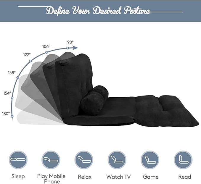 Giantex Adjustable Floor Sofa Couch with 2 Pillows, Multi-Functional 6-Position Foldable Lazy Sofa Sleeper Bed, Multi-Functional Suede Floor Seating for Reading Gaming (Black)