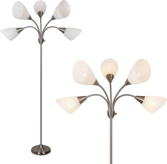 HonoDing Medusa Floor Lamps Standing Lamps 5 Heads Adjustable Reading Light Large Shade Use E26 A19 Bulb Floor Lamps for Living Room Bedroom (Satin Nickel)