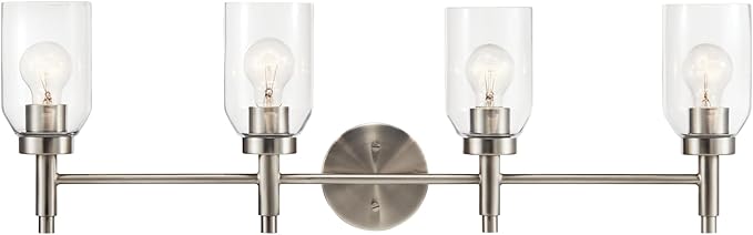 Kichler Madden 4-Light Vanity with Clear Glass in Brushed Nickel, Sloped Ceiling Compatible, for Single or Double Vanity in Bathroom (10.5" x 34"), 55186NI