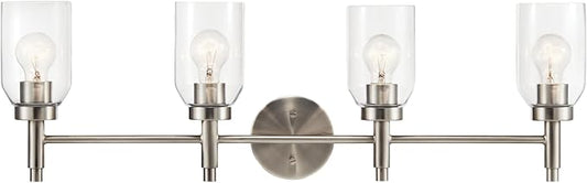 Kichler Madden 4-Light Vanity with Clear Glass in Brushed Nickel, Sloped Ceiling Compatible, for Single or Double Vanity in Bathroom (10.5" x 34"), 55186NI