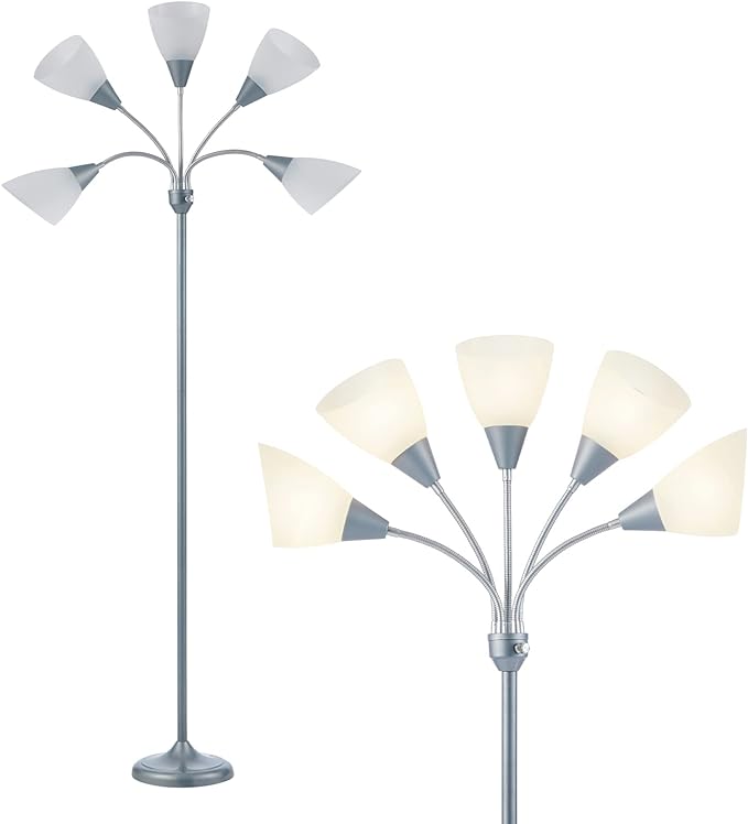HonoDing Medusa Floor Lamps Standing Lamps 5 Heads Adjustable Reading Light Large Shade Use E26 A19 Bulb Floor Lamps for Living Room Bedroom (Silver)