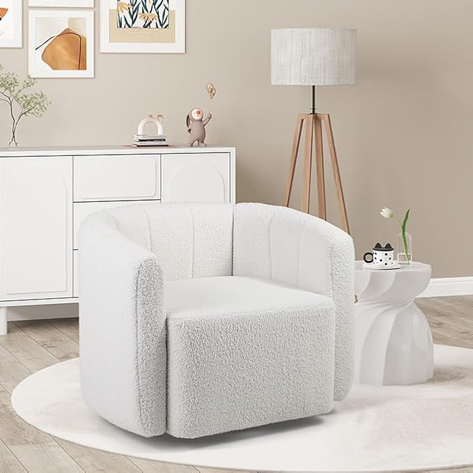 KOMFOTT Swivel Barrel Chair Set of 2, Sherpa Fabric Accent Chair with Curved Backrest & Armrests, Upholstered Armchair with Wide Seat, Pumpkin Shaped Single Sofa Chair for Living Room, Bedroom, White