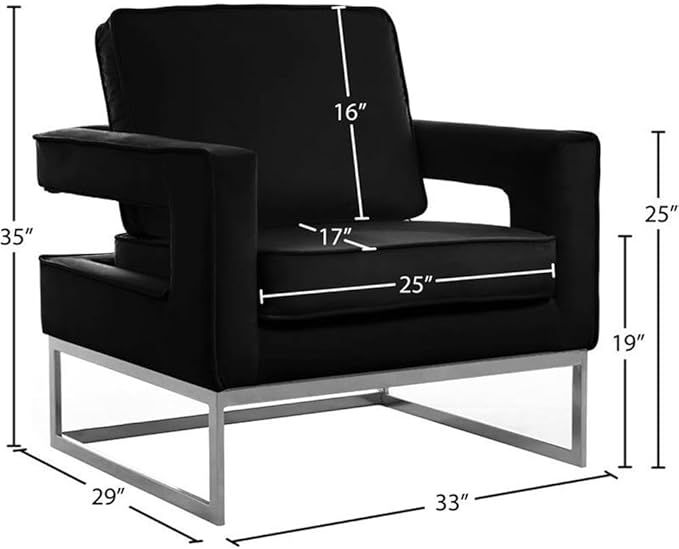 Meridian Furniture Noah Collection Modern | Contemporary Velvet Upholstered Accent Chair with Durable Stainless Steel Base, Black, Chrome Base