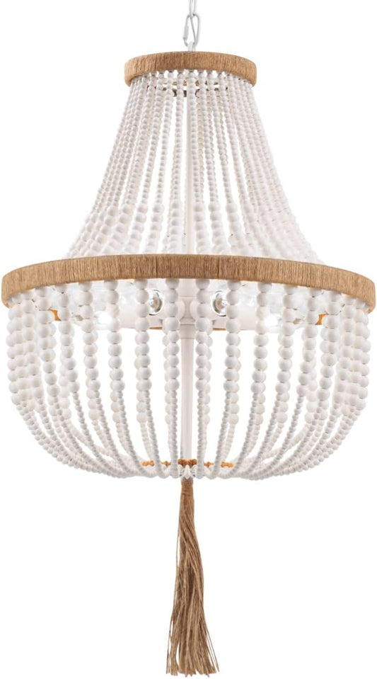 4 Lights Wood Beaded Farmhouse Chandelier with Tassels Bohemia Antique Rustic Pendant Light for Bedroom Kitchen Island Dining Living Room Foyer, White, Dia 17 Inch