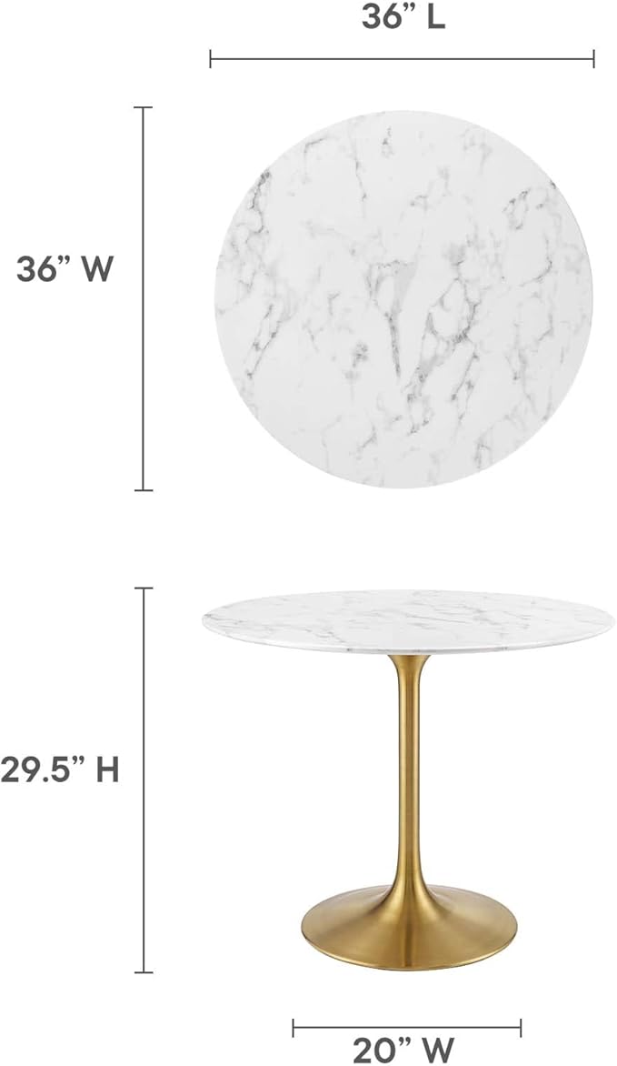 Modway Lippa 36" Mid-Century Dining Table with Round Artificial Marble Top in Gold White