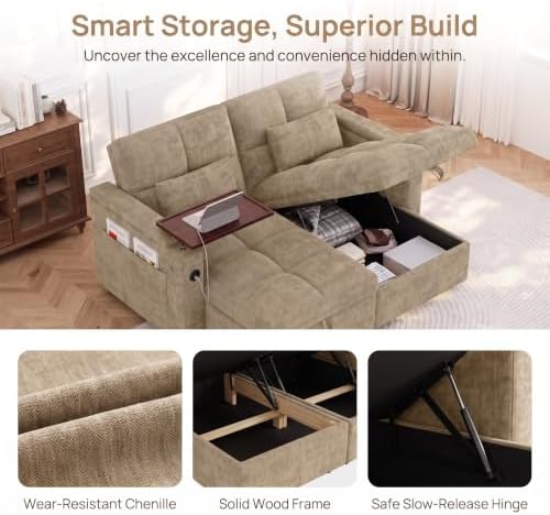 Convertible Sectional Sofa Bed with Storage, Tray & USB Port, Khaki