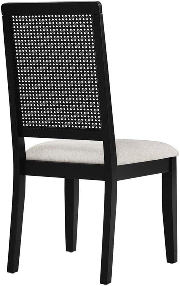 Modway Arlo Wood and Faux Rattan Dining Chairs Set of 2 in Black Black Heathered Weave Ivory - Modern Farmhouse Accent Chairs - Fabric Upholstered Chairs for Dining Room
