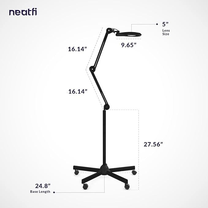 Neatfi LED Magnifying Floor Lamp 1,200 Lumens – 5” Bifocal Glass Lens, Dual Magnification 2.25X + 6X, Dimmable Task Light | Adjustable Arm, Rolling Base | Reading, Crafting & Sewing (Black, 5 Inches)