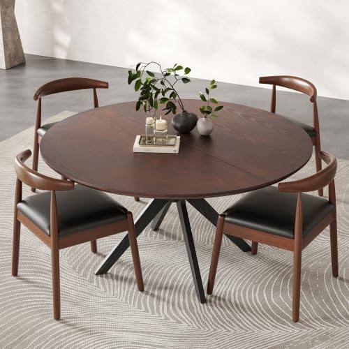 Bellemave Round Dining Table for 4-6, Solid Wood 47" Kitchen Table with Intersecting Pedestal Base, for Kitchen, Dining Room, Living Room (Walnut+Black)