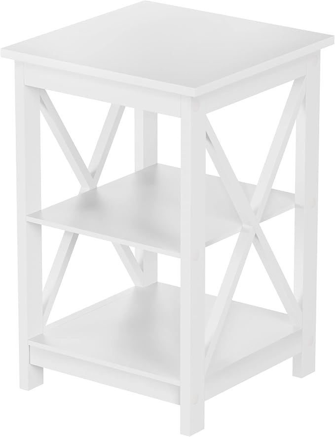 Wooden End Table - Modern Style Sofa Side Table with X-Leg Design and Two Shelves - Small Furniture for Living Room or Bedroom by Lavish Home (White)
