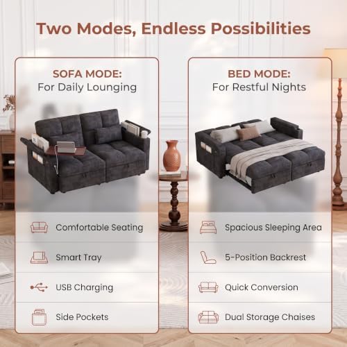Convertible Sectional Sofa Bed with Storage, Tray & USB Port, Black