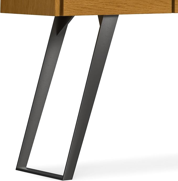 SIMPLIHOME Lowry Console Table - 60 Inch Wide Solid Oak Veneer and Metal Sofa Table in Oak, Modern Industrial Storage Table for Entryway or Living Room with 3 Drawers and Angled Metal Legs