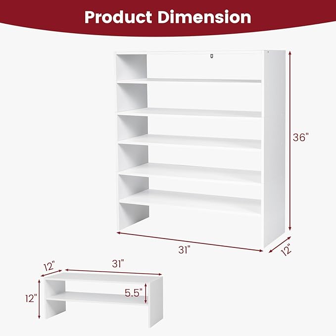 Tangkula 6-Tier Stackble Shoe Rack for Closet, Space Saving Wooden Corner Shoe Storage Shelf for 18 Pairs, 3-in-1 Adjustable White Shoe Organizer for Front Door Entryway