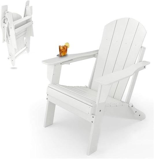 Adirondack Folding Chair for Garden, Patio or Deck - Arm Rests and Cup Holder - Lightweight, Weatherproof - Stylish, Durable Outdoor Furniture for Fire Pit, Beach, Poolside, Porch (White)