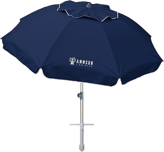 AMMSUN 7ft Beach Umbrella with Sand Anchor Sand Screw, Tilt, Windproof, Sun Protection,UPF 50+ Silver Coating Inside and Telescoping Pole for Outdoor Patio (Solid Navy)