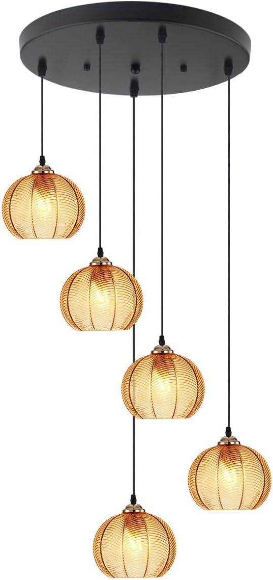 5-Light Glass Long Chandeliers for High Ceilings, Mid Century Modern Staircase Chandelier Lighting with Amber Globe Glass Shade Cluster Pendant Light for Foyer Living Room Entryway, Adjustable