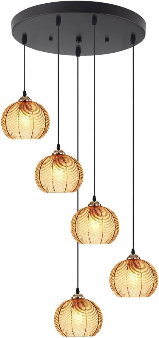 5-Light Glass Long Chandeliers for High Ceilings, Mid Century Modern Staircase Chandelier Lighting with Amber Globe Glass Shade Cluster Pendant Light for Foyer Living Room Entryway, Adjustable