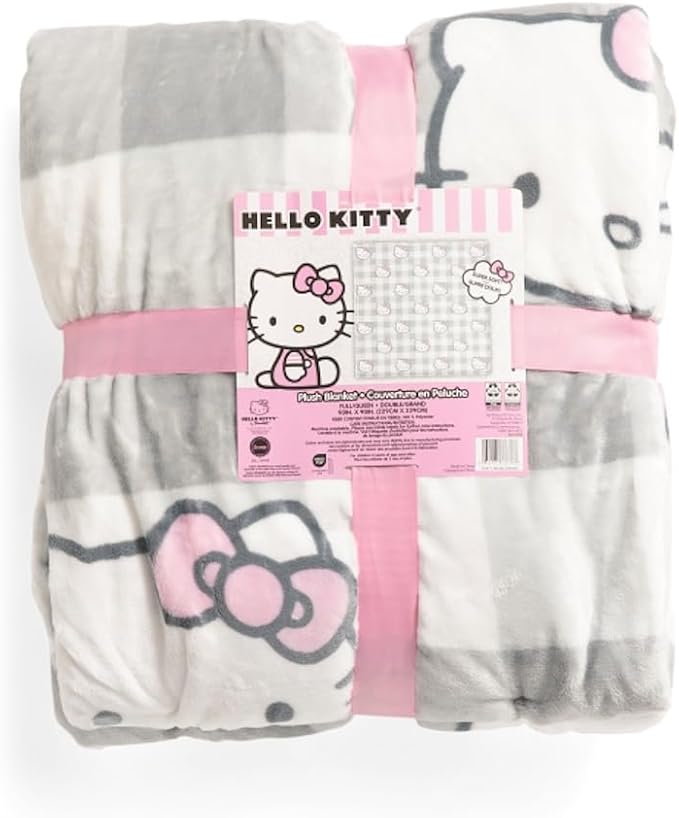 Jay Franco & Sons, Inc. Hello Kitty Blankets and Throws (Grey Plaid - Hello Kitty with Pink Bows, Full/Queen)