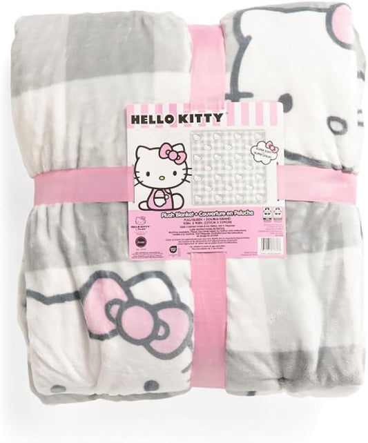 Jay Franco & Sons, Inc. Hello Kitty Blankets and Throws (Grey Plaid - Hello Kitty with Pink Bows, Full/Queen)