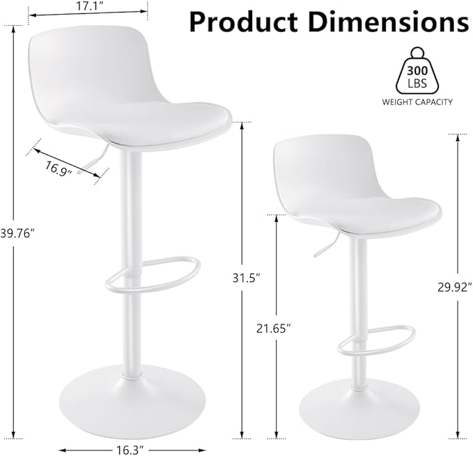 Kidol & Shellder Bar Stools Set of 2 Adjustable Swivel Counter Height Stools, Modern PU Leather Upholstered with Back Solid Color Barstools for Kitchen Island White