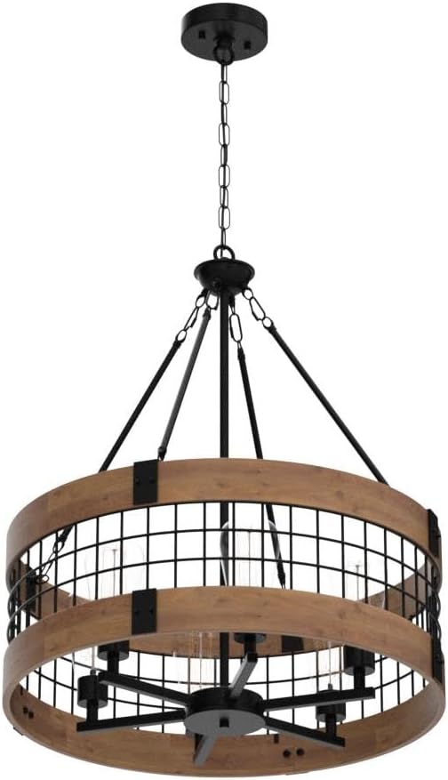 6-Light Farmhouse Wood Chandelier for Dining Room, Rustic Foyer Light Fixtures, Industrial Drum Hanging Lights for Kitchen Island Entryway, Nature Wood Texture and Black Metal Finish