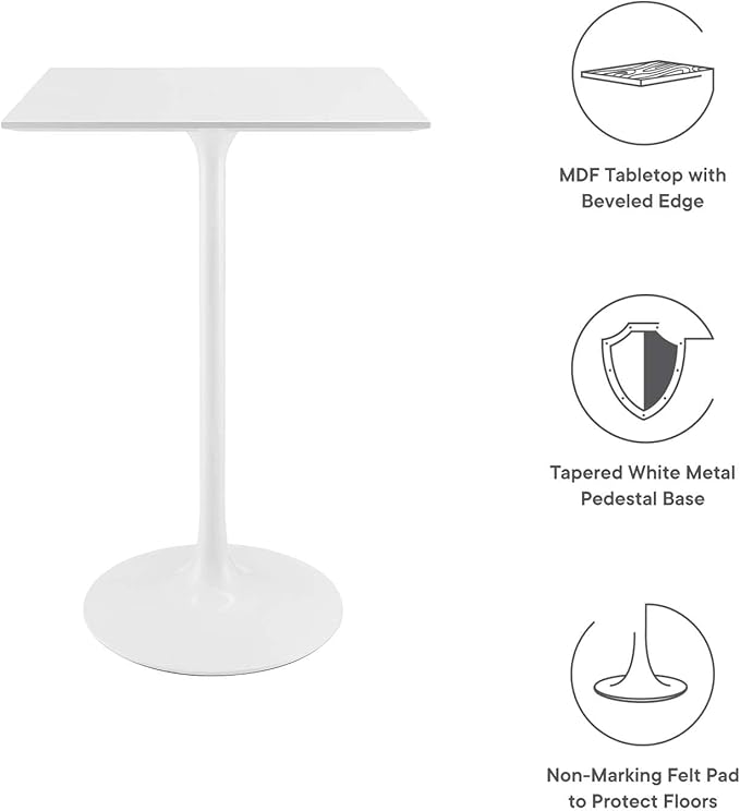 Modway Lippa 28" Mid-Century Modern Bar Table with Square Top and Pedestal Base in White