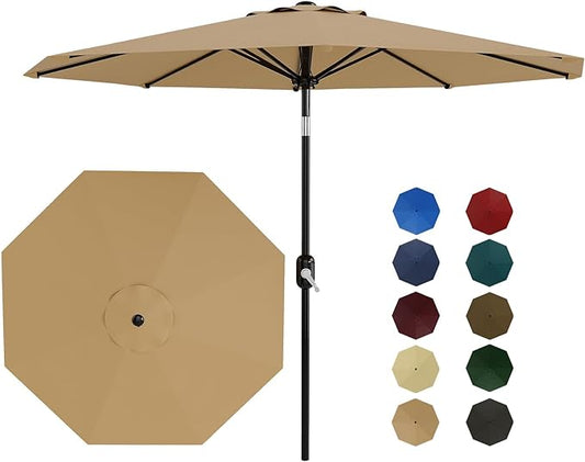 9 ft Patio Umbrella - 8 Sturdy Ribs Outdoor Table Umbrella with Crank Lift & Push Button Tilt - Market Umbrella for Pool, Deck, Yard, Garden - Tan