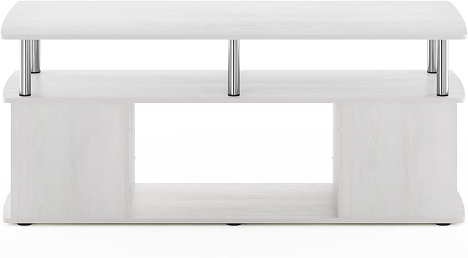 Furinno JAYA TV Stand, 3-Tier Entertainment Center with Open Shelf, TV Console for TV up to 50 Inch with Side Open Storage Compartments, for Living Room, Bedroom, White Oak/Stainless Steel Tubes