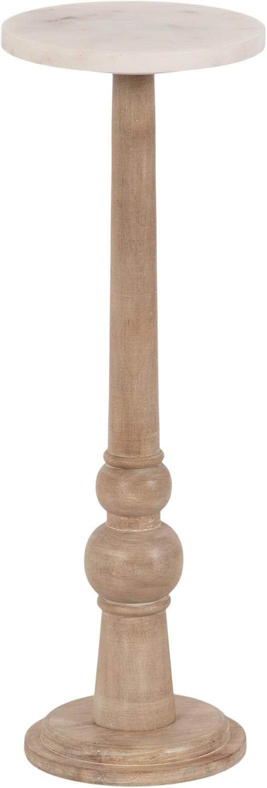 Kate and Laurel Wegner Transitional Wood and Marble Round Drink Table; 8 x 8 x 23; White Marble and Light Natural Wood; Modern Pedestal Table for Use as Indoor Plant Stand or Decorative Mini Table