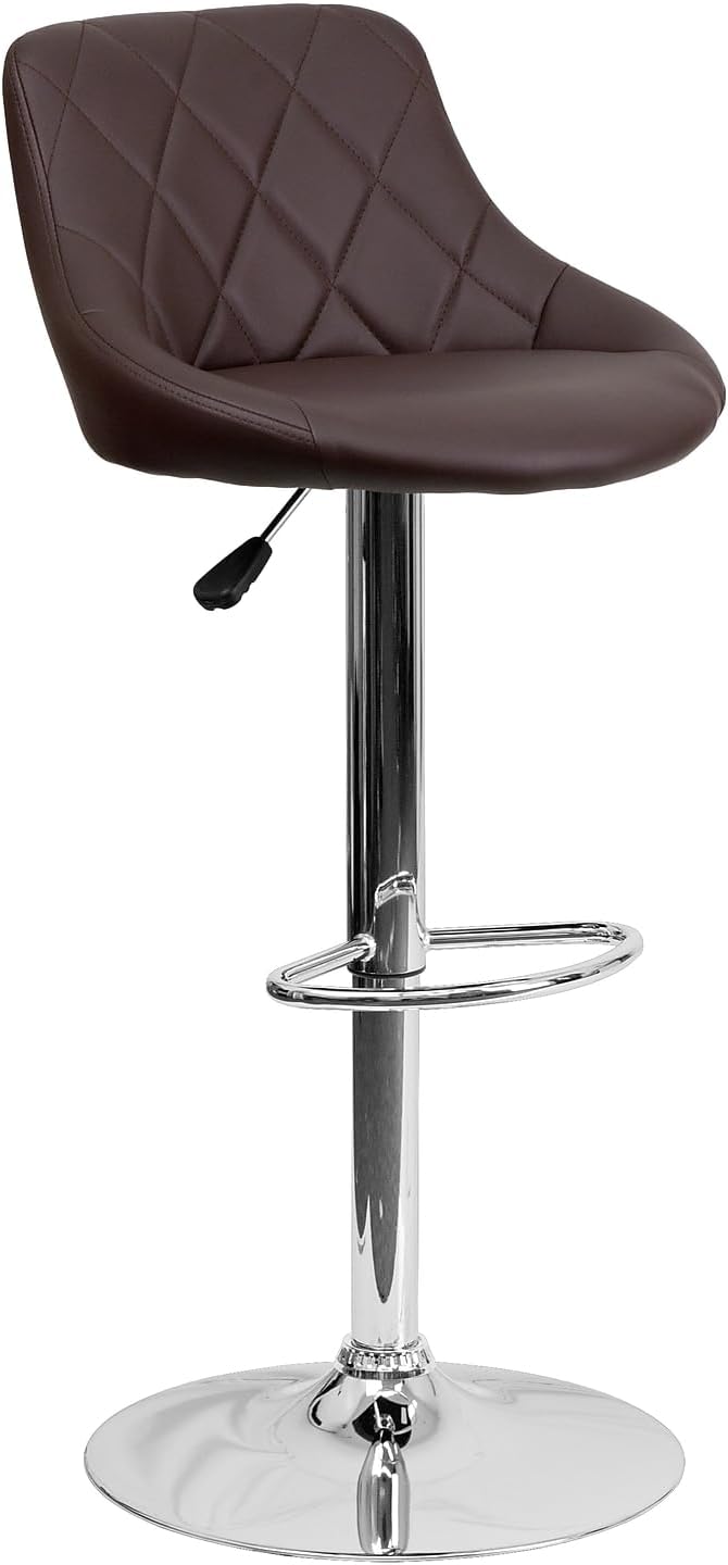 Flash Furniture Contemporary Brown Vinyl Bucket Seat Adjustable Height Barstool with Diamond Pattern Back and Chrome Base