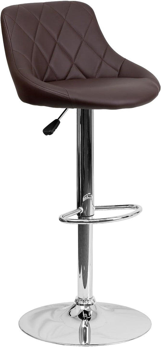 Flash Furniture Contemporary Brown Vinyl Bucket Seat Adjustable Height Barstool with Diamond Pattern Back and Chrome Base