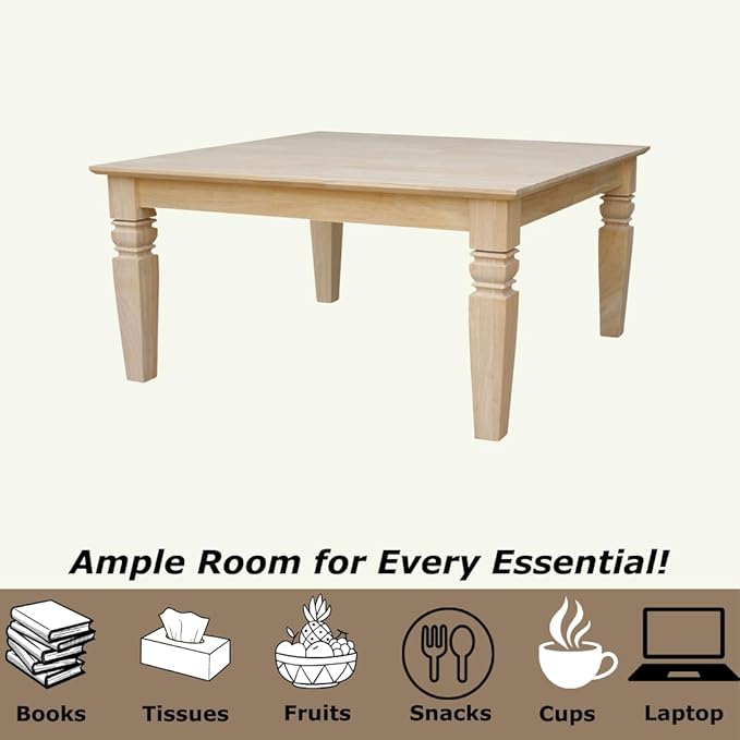 International Concepts, 18"H Java Square Coffee Table, Farmhouse, Living Room Furniture, Sturdy Solid Parawood, Paint or Stain in Any Color, Easy Assembly, Unfinished