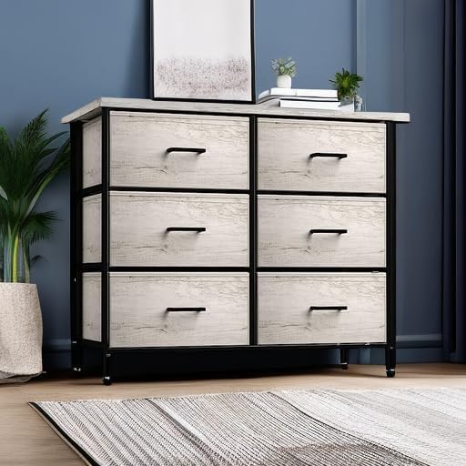 Sorbus Dresser with 6 Faux Wood Drawers - Chest Organizer Unit with Steel Frame Wood Top & Handle Easy Pull Fabric Bins for Clothes - Storage Furniture for Bedroom, Hallway, Living Room & Closet