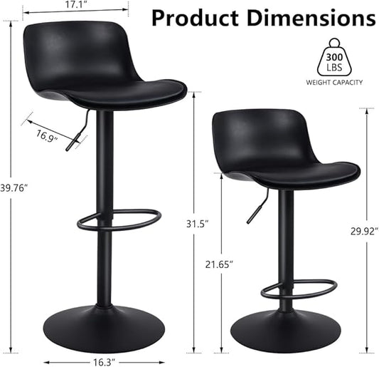 Kidol & Shellder Bar Stools Set of 2 Black Adjustable Swivel Counter Height Stools, Modern PU Leather Upholstered with Backs Barstools for Kitchen Island