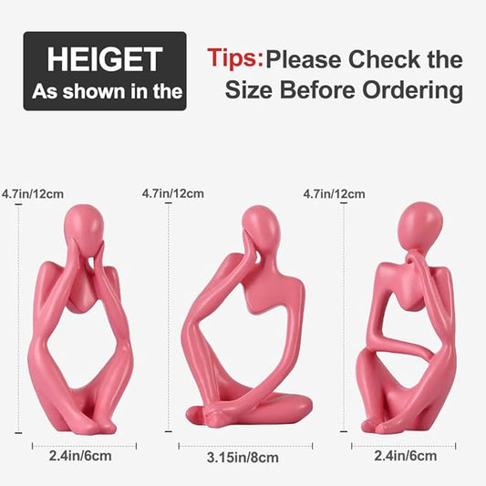 Pink Thinker Statue Decor for TV Stand, Shelf, Desk, or Coffee Table - Set of 3 Resin Figurines for Living Room Decorative Objects, Modern Sculpture, Minimalist Bookcase Decor, Home Accents